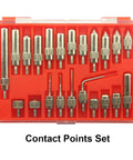 Contact points set for dial indicators with assorted metal tips in red plastic case