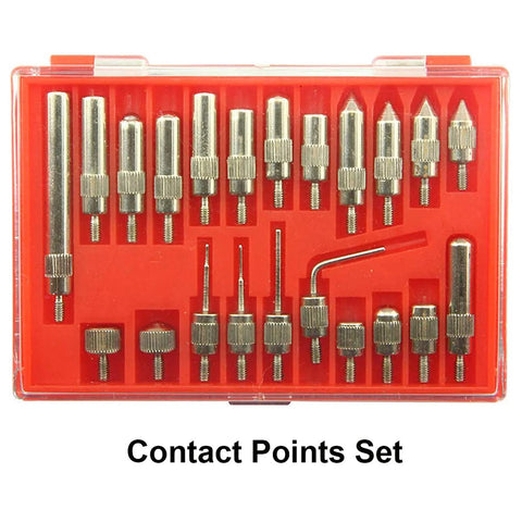 Contact points set for dial indicators with assorted metal tips in red plastic case