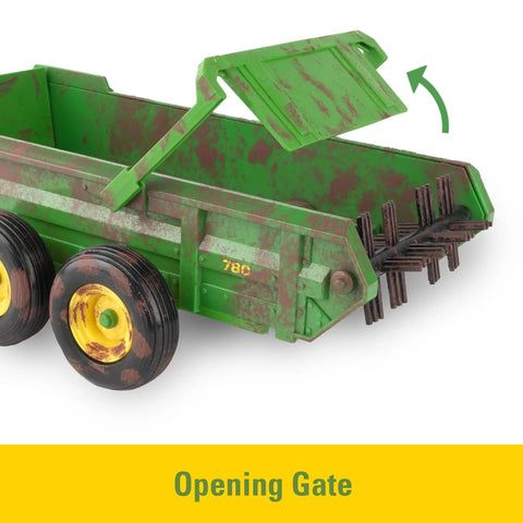 1/16 Scale Big Farm 6210R Tractor With Loader And Spreader Toy Set showing green manure spreader with open gate