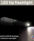 LED flashlight tip of Metal Detector With 360 Degree Detection, Four Inch Sensor for night scanning and low light checks.