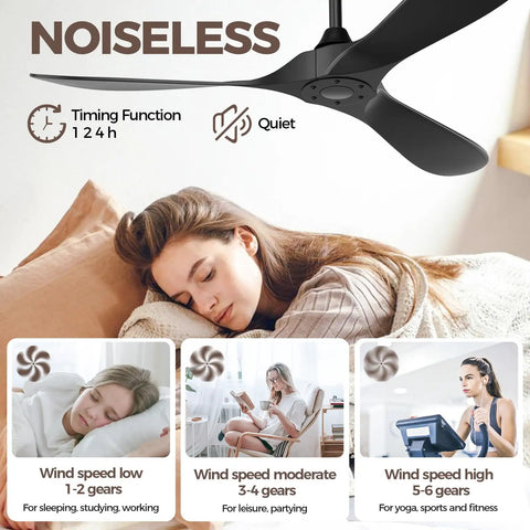 Black Outdoor Ceiling Fan 52 Inch No Light With Remote Control Three Blades Six Speed Reversible DC Motor For Patio Living Room Bedroom Porch Energy Efficient Quiet Operation Sleek Matte Black Finish