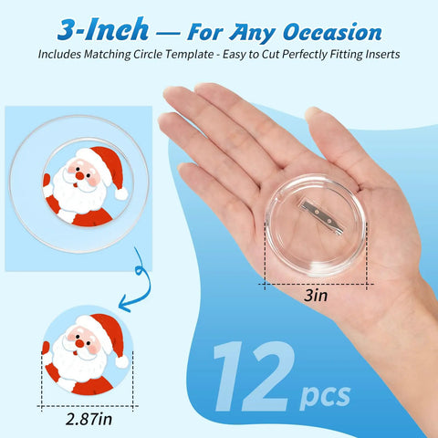 Top Shelf 3 Inch Clear Acrylic Button Pins Bulk 12 Pack DIY Custom Photo Badge Blanks With Snap Together Metal Safety Backings showing a 3-inch pin in hand.