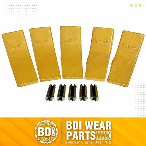 Five Pack 230SP Backhoe Bucket Teeth With TF23P Flex Pins For 23 And 230 Series Skid Steer Loaders And Excavators Heavy Duty Alloy Steel Replacement Kit For Long Lasting Performance displayed on a white background.