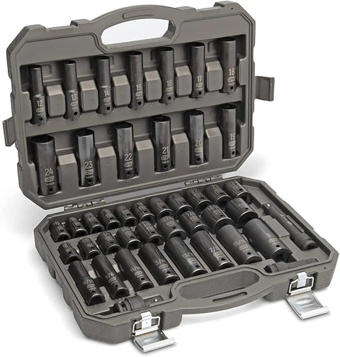 44 Piece 1/2 Inch Drive Impact Socket Set With Standard And Deep SAE/MM Sockets, black oxide finish, in open case