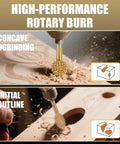 Heavy Duty Titanium Coated Rotary Burr Set Two Piece Coarse Carbide Wood Carving Kit in action on wood for engraving.