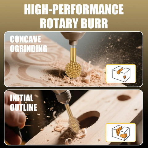 Heavy Duty Titanium Coated Rotary Burr Set Two Piece Coarse Carbide Wood Carving Kit in action on wood for engraving.