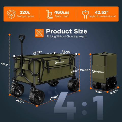 Heavy Duty Collapsible Wagon Cart With 220L Capacity And 460Lb Load, Foldable Beach Wagon On All Terrain Wheels, in use and folded