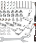 Must Have Bolt And Nut Set For Propane Patio Heaters Pro Grade Stainless Heavy Duty Hardware Replacement Screws Pack For Round Stand Up Outdoor Heaters Includes All Mounting Screws And Nuts Silver Finish, shown with various bolts, nuts, and wrench.
