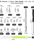 Image displaying components of 600 Piece Metal Studs And Spikes Kit For DIY Punk Fashion With 8 Size Cone Spikes And Pyramid Studs, Screwback Rivets, Punk Accessories for Clothes, Bags, Purses, Leather Craft, Tools Included.