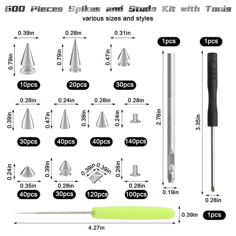Image displaying components of 600 Piece Metal Studs And Spikes Kit For DIY Punk Fashion With 8 Size Cone Spikes And Pyramid Studs, Screwback Rivets, Punk Accessories for Clothes, Bags, Purses, Leather Craft, Tools Included.