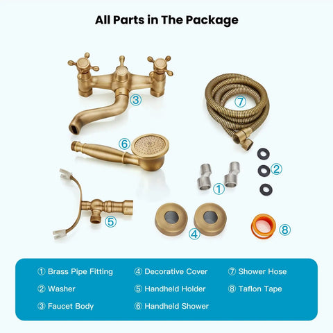 Wall Mount Clawfoot Bathtub Faucet With Handheld Spray And 360 Degree Swivel Spout Vintage Antique Brass Finish parts set