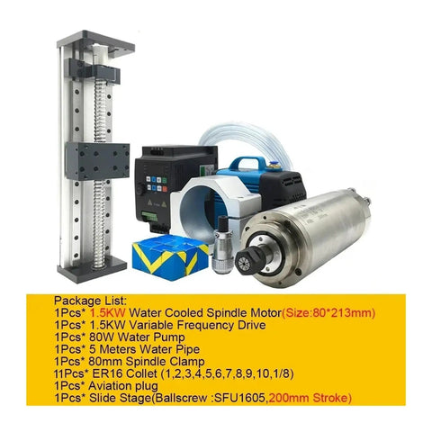Heavy Duty 1.5KW Water Cooled Spindle Z Axis Slide Stage Kit Built Like A Tank For CNC Routing Smooth 200mm Stroke Motor Assembly Plug And Play Setup 110V 220V components including spindle, motor, and pump.