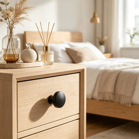 Knockout Matte Black Bifold Closet Door Knobs Featuring Round Cabinet Pulls Durable Aluminum Alloy Build Complete Install Pack With Screws And Driver For Total Breeze Dresser Updates on wooden nightstand.