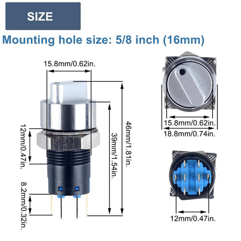 Five Eighth Inch Mini Latching Metal Rotary Switch 12 To 24 V DC LED Illuminated 3 Position Knob Selector DPDT Red LED Light