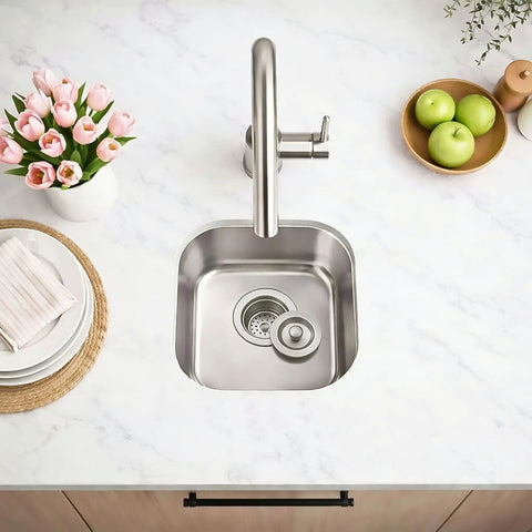 Undermount Bar Sink 13 By 13 Inch, 18 Gauge 304 Stainless Steel Single Bowl With Basket Strainer, Perfect For Wet Bar, RV, Kitchen Island And Small Spaces, Compact Prep Sink For Quick Rinse And Wash