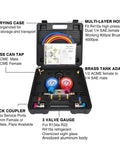 No Fuss Heavy Lifter Hvac Manifold Gauge Kit For R134a R410a R22 Refrigerant with color-coded hoses and brass adapters in case.