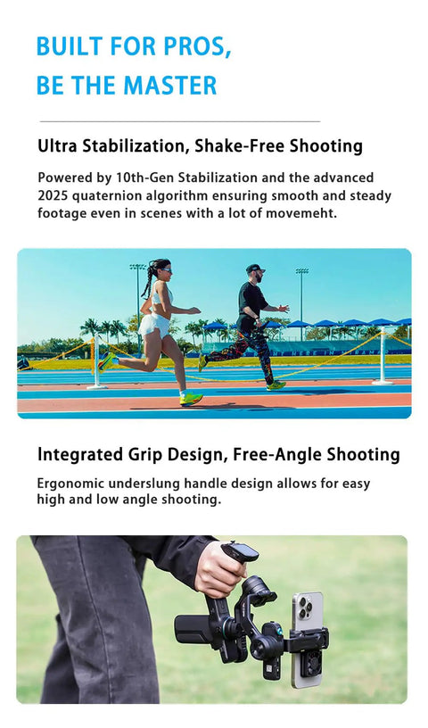 Person using Scorp Mini 3 Gimbal Stabilizer For Smartphones With AI Tracking, filming runners on track with palm trees in background.