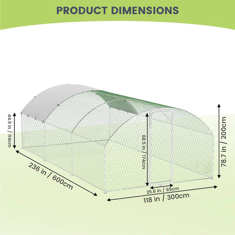Dimensions of Heavy Duty Metal Chicken Coop With Doom Roof Walk In Poultry Run for Outdoor Backyards shown in a diagram.