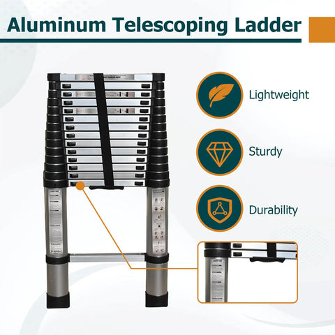 14.5 Ft Telescoping Aluminum Ladder For Home Or Outdoor Use, Foldable Portable Extension With 330 Lb Capacity, Easy Carry Strap, Compact Storage, Lightweight Yet Durable For DIY Projects And Everyday Tasks, folded aluminum telescoping ladder with carry strap