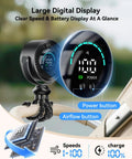 Portable Baby Stroller Clip Fan With 360 Degree Rotation, LED display showing speed and charge, attached to a stroller handle.
