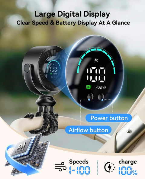 Portable Baby Stroller Clip Fan With 360 Degree Rotation, LED display showing speed and charge, attached to a stroller handle.