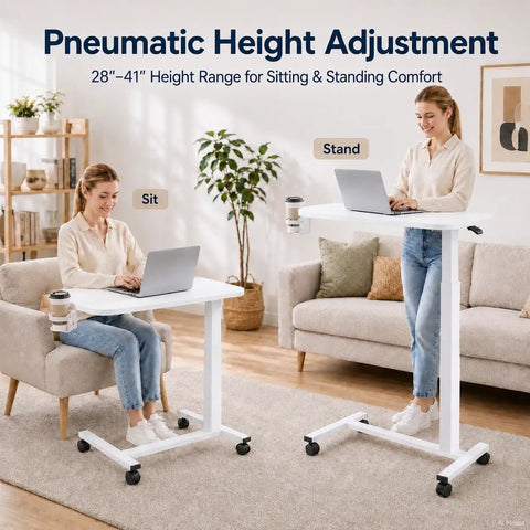 Smooth Operator Mobile Rolling Desk With Lockable Casters And Pneumatic Height Adjustment From Twenty Eight To Forty One Inches with a woman sitting and standing.