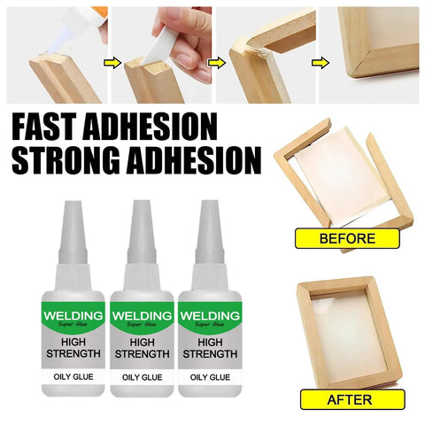 Heavy Duty Oily Glue 150ml Universal Super Glue Triple Pack For Metal Wood Ceramic Leather Glass Instant Bonding With Strong Adhesion And Long Lasting Repairs, glue bottles, glued wooden frame.