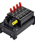 Four Channel Toggle Switch Power Distribution Module For DIN Rail Mount With LED On Off Indicators And DC Input Range Three To Thirty Two Volts Up To Thirty Amps Total Five Amps Per Channel Ideal For Industrial Control Panels