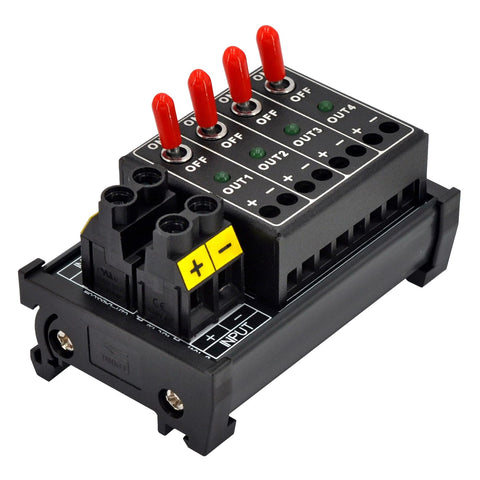 Four Channel Toggle Switch Power Distribution Module For DIN Rail Mount With LED On Off Indicators And DC Input Range Three To Thirty Two Volts Up To Thirty Amps Total Five Amps Per Channel Ideal For Industrial Control Panels
