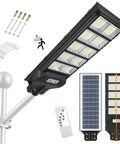 Beast Bright 3000W Solar Street Light with motion sensor and remote, showing mounting parts, LED panel, and waterproof design.