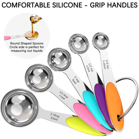 Colorful silicone-handled measuring spoons from Nesting Measuring Cups And Spoons Set Made Of Stainless Steel With Soft Silicone Handles Pro Grade Heavy Duty And Dishwasher Safe Ideal For Measuring Dry And Liquid Ingredients In Cooking And Baking 10 Piece Kitchen Must Have.