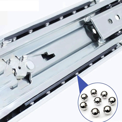 Heavy Duty Three Section Drawer Slides Thickened Steel Full Extension Cabinet Rails Built Tough showing smooth ball bearing mechanism.