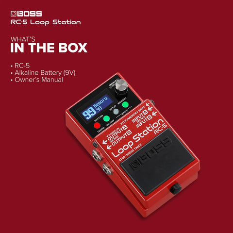 RC-5 Loop Station: Compact Pedal for Next-Level Looping, 32-Bit AD-DA and Floating-Point Processing, 13 Hours Recording, box contents