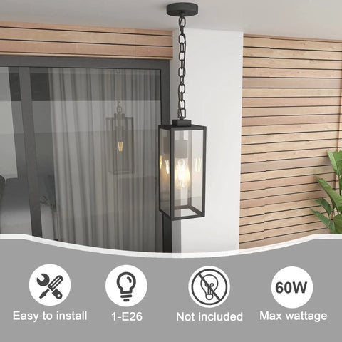 Outdoor Pendant Light Matte Black Adjustable Exterior Hanging Porch Lighting Waterproof Ceiling Mount Lamp With Clear Glass Shade