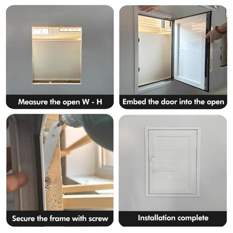 Installation steps for Badass Fire Rated Aluminum Access Panel With Integrated Locking Inspection Hatch And Sleek Black Shell.