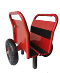 No Sweat Heavy Duty Panel Dolly Cart With One Thousand Pound Capacity And Ten Inch Reliable Solid Rubber Tires For Easy Drywall Loads Heavy Door Slides And Contractor Gear Runs In Glossy Red viewed from the side showing handles and tire.