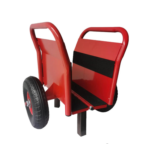 No Sweat Heavy Duty Panel Dolly Cart With One Thousand Pound Capacity And Ten Inch Reliable Solid Rubber Tires For Easy Drywall Loads Heavy Door Slides And Contractor Gear Runs In Glossy Red viewed from the side showing handles and tire.