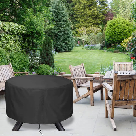 48 Inch Fire Pit Cover For 45 To 48 Inch Round Fire Pits Waterproof Windproof Dustproof UV Resistant Heavy Duty Outdoor Patio Shield Fits Most Fire Pit Tables Black over fire pit on patio