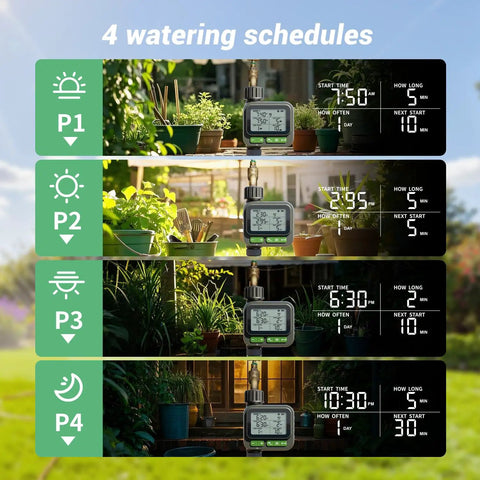 Remote Control Sprinkler Timer With 230 Foot Range No Fuss Programmable Garden Hose Timer showing four schedules