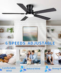 52 Inch Low Profile Ceiling Fan In Matte Black Rolls Silently On A Premium Dc Motor Featuring Easy Peasy App Remote Setup Six Chill Speed Choices Dimmable Led Ambiance And Reversible Blades with black blades and light.