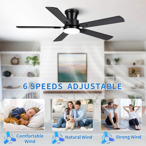 52 Inch Low Profile Ceiling Fan In Matte Black Rolls Silently On A Premium Dc Motor Featuring Easy Peasy App Remote Setup Six Chill Speed Choices Dimmable Led Ambiance And Reversible Blades with black blades and light.