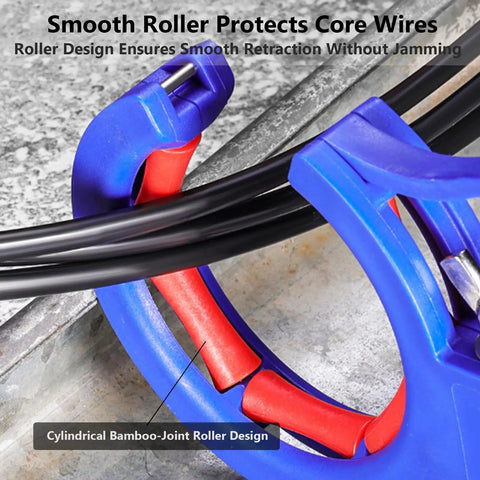 Rugged Cable Pulling Guide Roller With Adjustable Clamp For Safe And Easy Wire Installation Tasks High Tensile Strength Roller With 25 Kg Load Capacity Ideal For Electricians And DIY Pros, blue nylon and steel cable roller guiding black wires