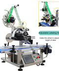 Automatic Flat Labeling Machine With Desktop Conveyor For High Speed Sticker Application showing adjustable labeling height feature.