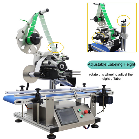 Automatic Flat Labeling Machine With Desktop Conveyor For High Speed Sticker Application showing adjustable labeling height feature.