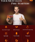 Person holding Easy Burn Fire Starter Squares For Wood Stoves No Mess Campfires Grills And Fireplaces Natural Waterproof BBQ.