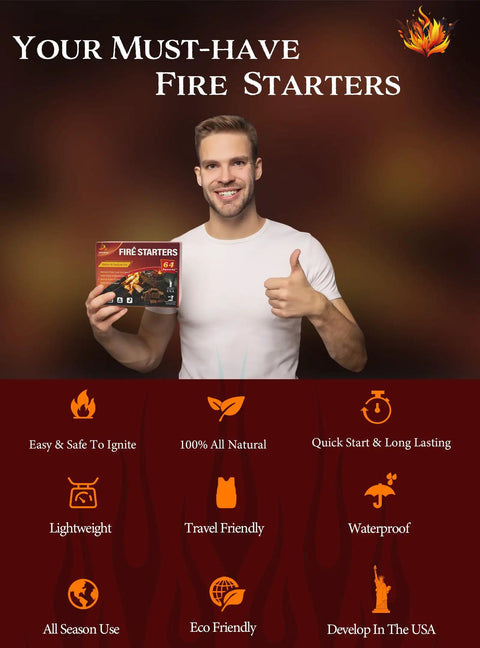 Person holding Easy Burn Fire Starter Squares For Wood Stoves No Mess Campfires Grills And Fireplaces Natural Waterproof BBQ.