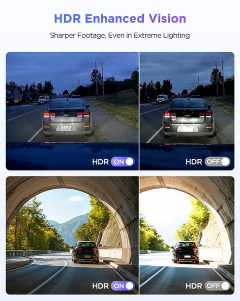 Comparison of road scenes with and without HDR from A119M Pro Slick 4K HDR Mini Dash Cam With STARVIS 2 IMX678 Sensor Front Car Cam
