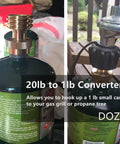 Propane Tank Adapter 20lb To 1lb Universal Converter For Disposable Cylinders on a gas canister with brass connections