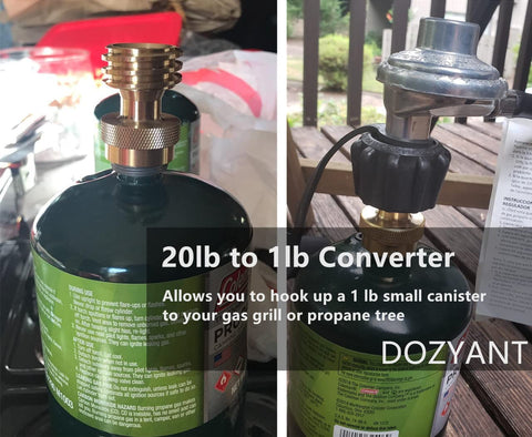 Propane Tank Adapter 20lb To 1lb Universal Converter For Disposable Cylinders on a gas canister with brass connections