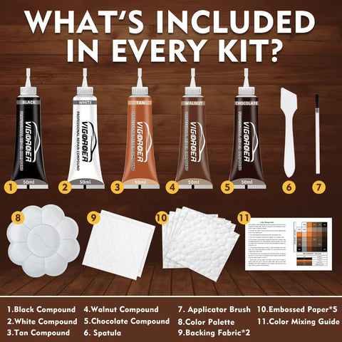 Contents of Leather Repair Kit For Furniture And Car Interiors Fix Scratches Tears Holes And Peeling On Couches Sofas Purses And Jackets